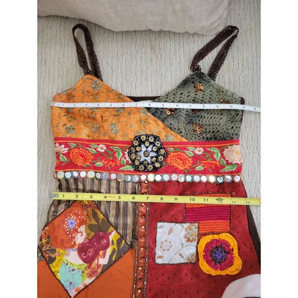 Savage Couture Brown Orange Patchwork dress Boho size Small Embroidered festival - Picture 9 of 10
